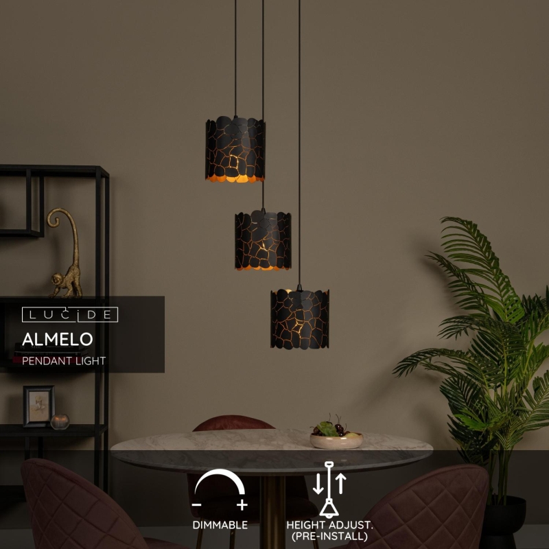 Lucide ALMELO - Závesné svietidlo - 3xE27 - Čierne